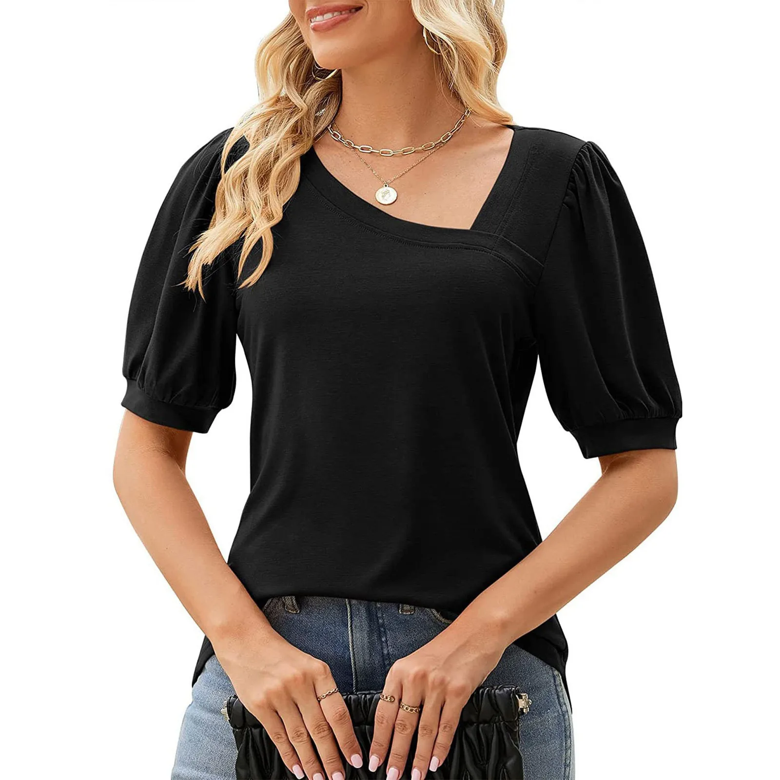 Slim Asymmetric Slant V-Neck T-Shirt Elegant Bubble Short Sleeve Casual T-Shirt Solid Colour Business Minimalism Basic Tees