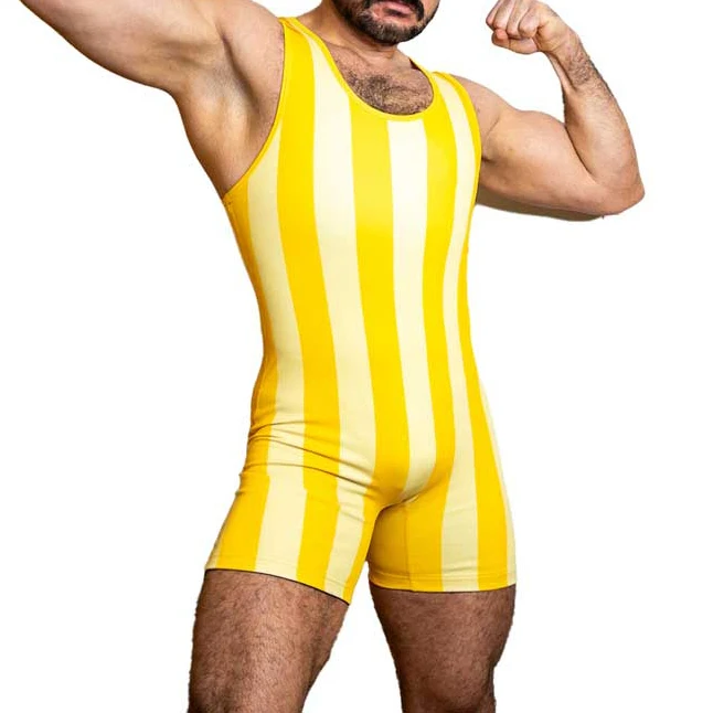 Yellow Vertical Stripes Wrestling Singlets Suit Boxing One Piece Bodysuit Iron Gym Sport Fitness PowerLifting Skinsuit Wear