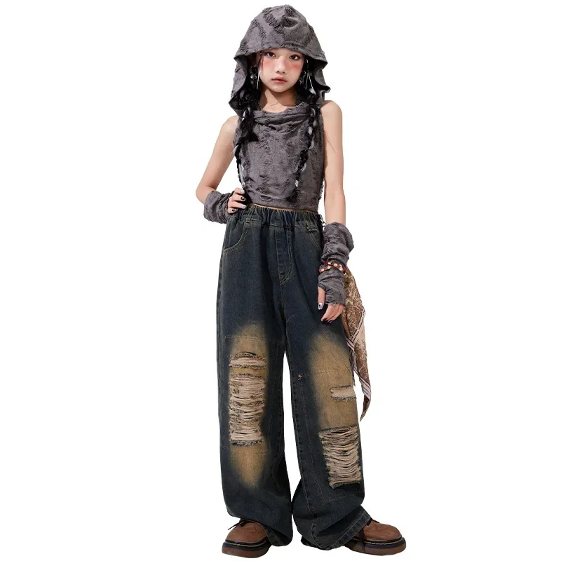 Boys Hip Hop Wasteland Punk Hoodies Ripped Denim Pants Girls Crop Top Jeans Child Streetwear Costume Kids Jazz K-pop Clothes Set