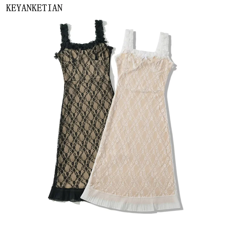 

KEYANKETIAN 2024 New Launch Women Sexy Lace Dress Summer French Style Fairy Pleated Patchwork Decoration Tight Halter MIDI Dress