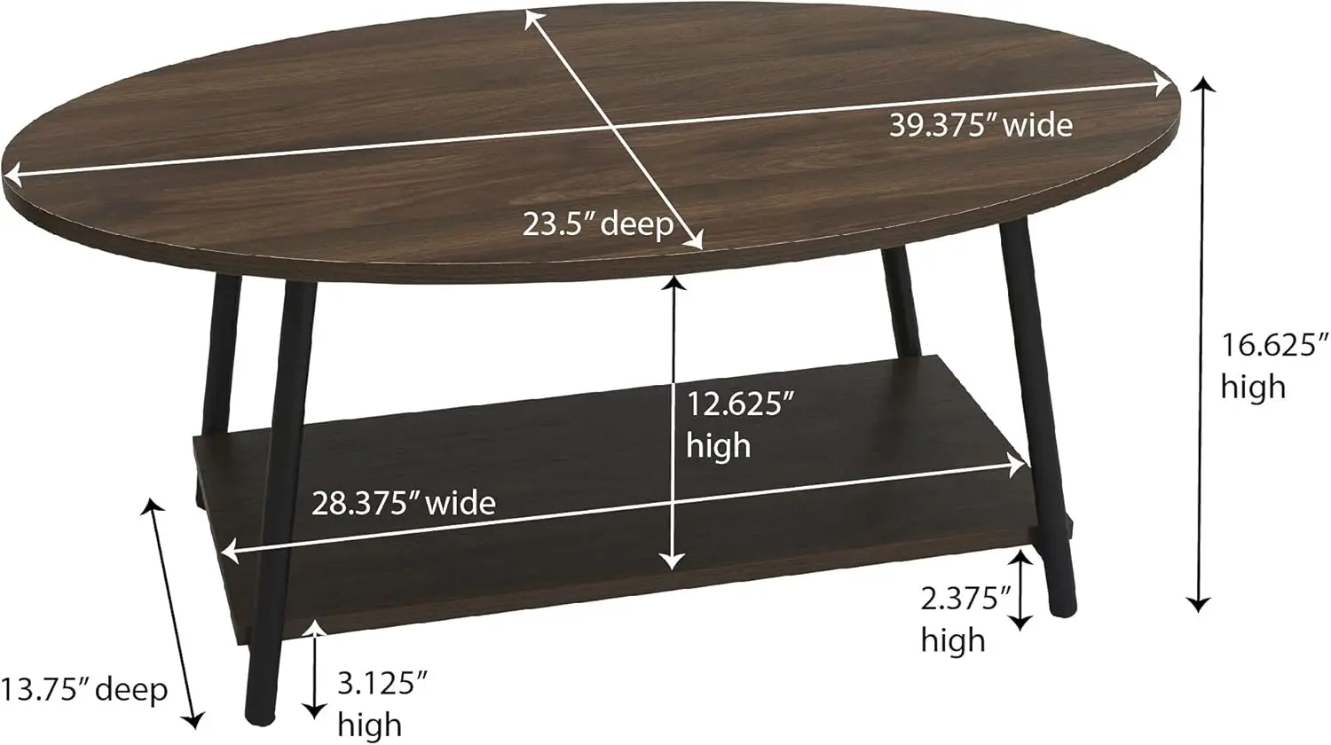 

Jamestown Oval Coffee Table With Storage Shelf Mid Walnut Wood Grain And Black Metal