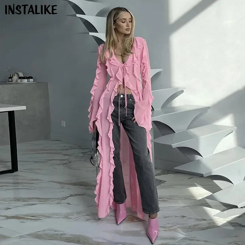 

InstaLike Maxi Long Open Slit Tops,Lace Up,V Neck,Flare Sleeve,Chic Youthful Woman Thin Ruffles Cardigans,Fashion Aesthetic Top