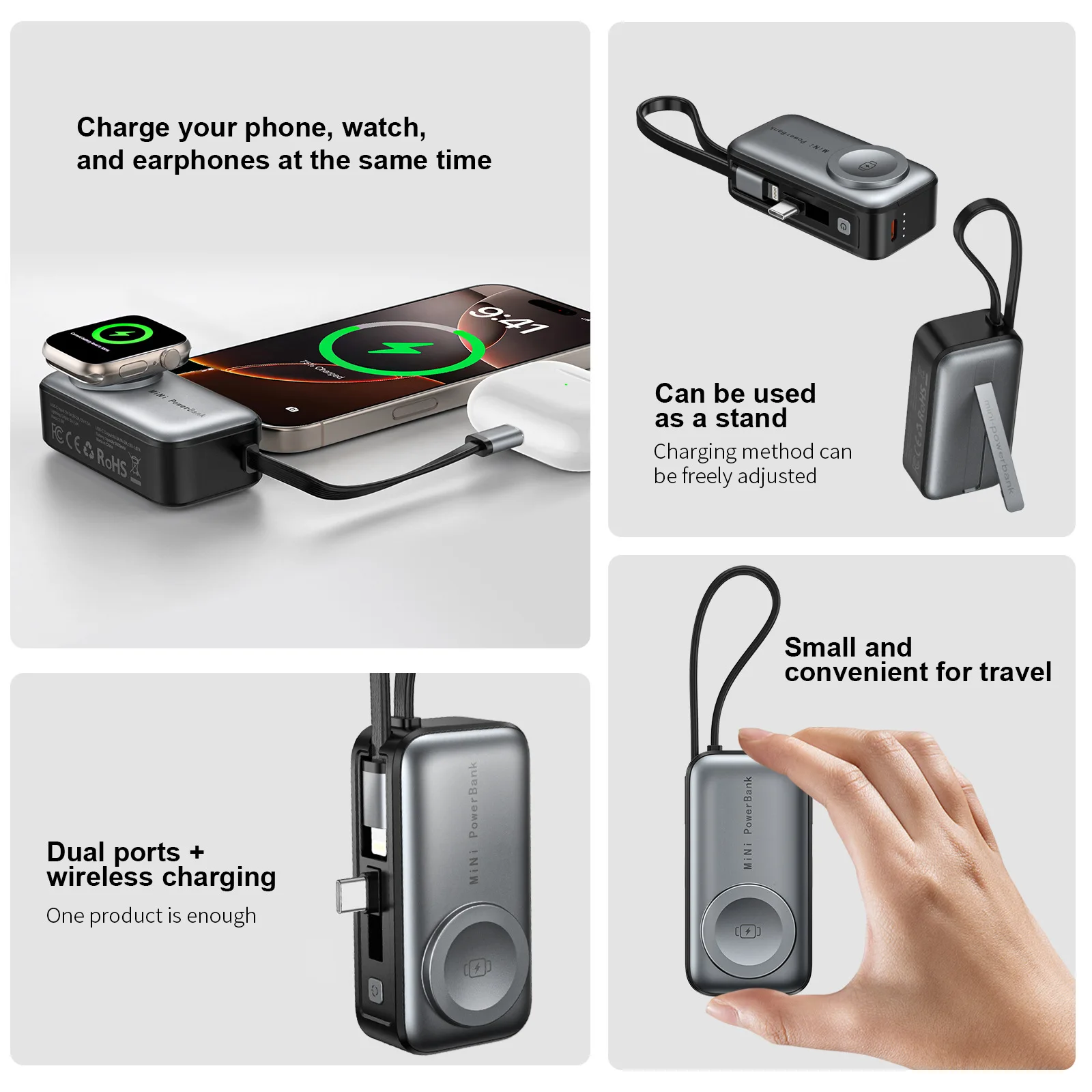 Mini portable handheld three in one wireless power bank with cable suitable for Apple phones, Huawei phones, and smartwatches