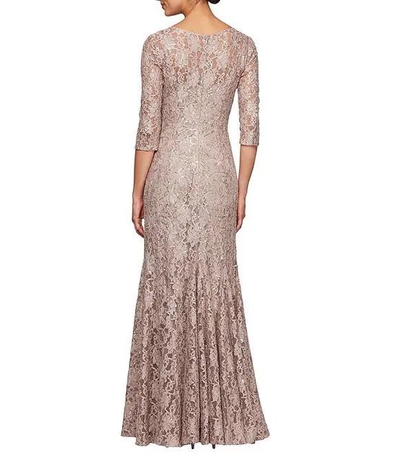 Customized Taupe Full-Length Lace Dress with Sheer Three-Quarter Sleeves for Mother of the Bride Weddings Elegant Evening Galas