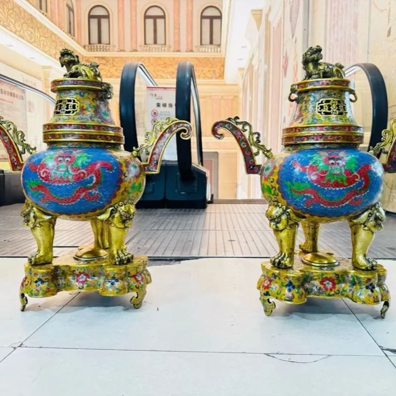 Brass boutique antique and old-fashioned, cloisonne three-layer long-eared Pixiu furnace ornament, copper Pixiu furnace