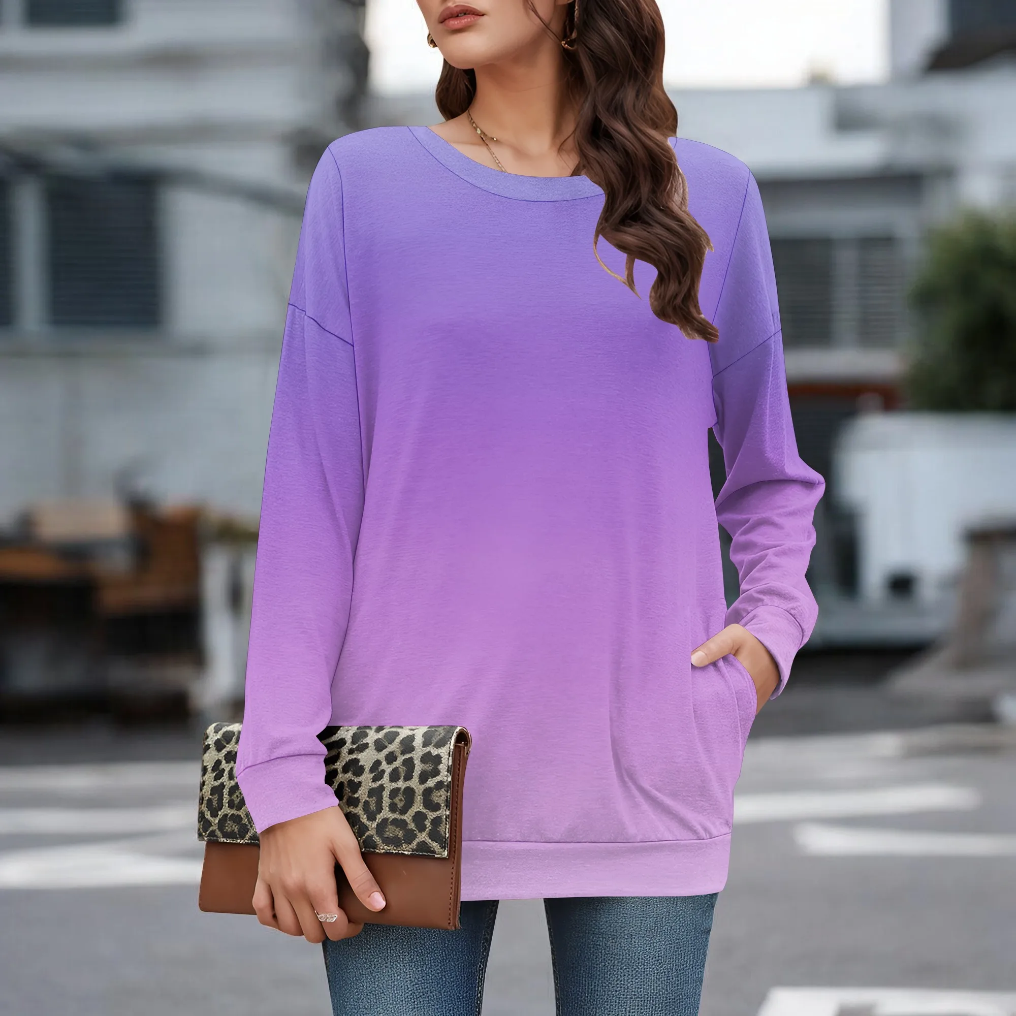 Moletons femininos com gola redonda e ajuste solto para mulheres camisas de manga comprida pulôver