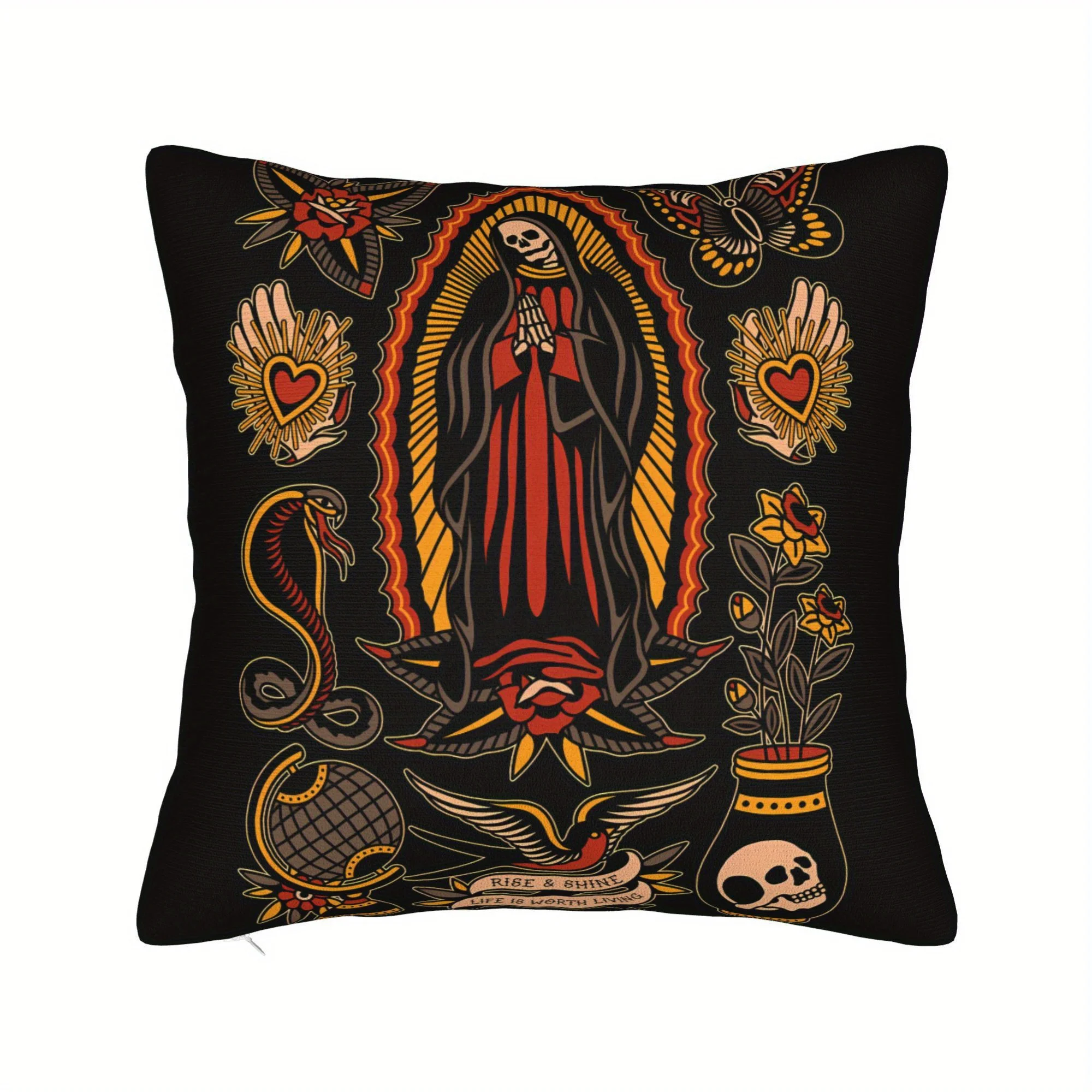 1 Stück Kissenbezug mit Tattoo-Design, moderner Stil, lebendige Farben, Totenkopf-, Schlangen- und Blumenmuster, für Sofa- und Wohnzimmerdekoration
