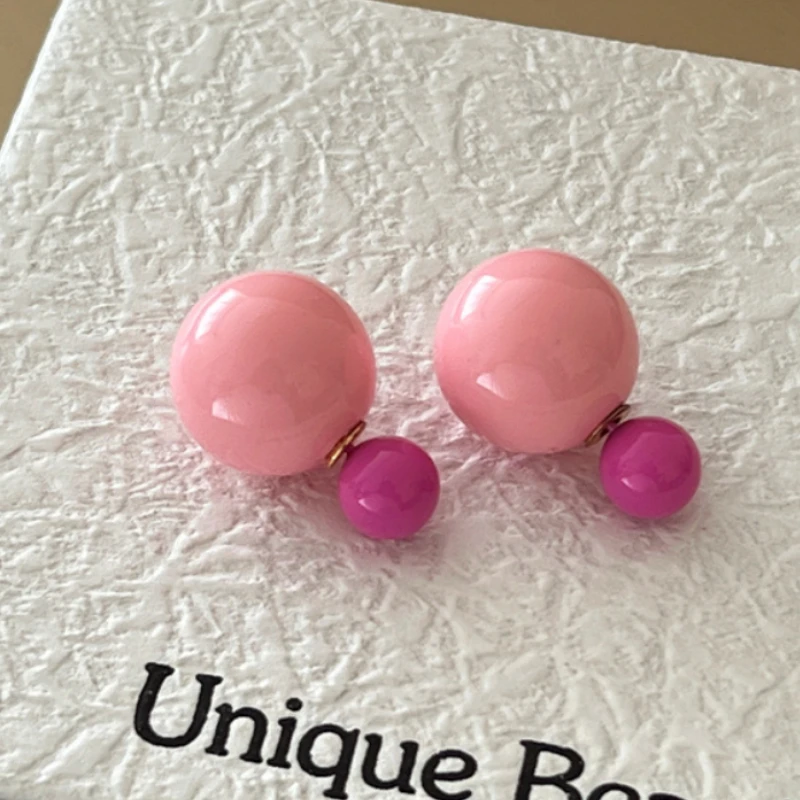 Double Sided Round Ball Earrings for Women Luxury Sweet Pink Stud Earring New 2023 Solid Color Unique Accessories