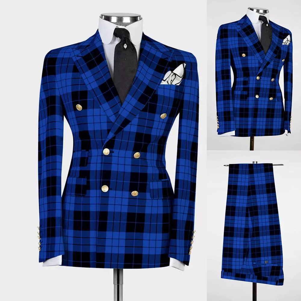 

Blue Black Plaid Men Suit Double Breasted Peak Lapel 3 Pieces(Jacket+Pants+Vest) Male Formal Wedding Party Set