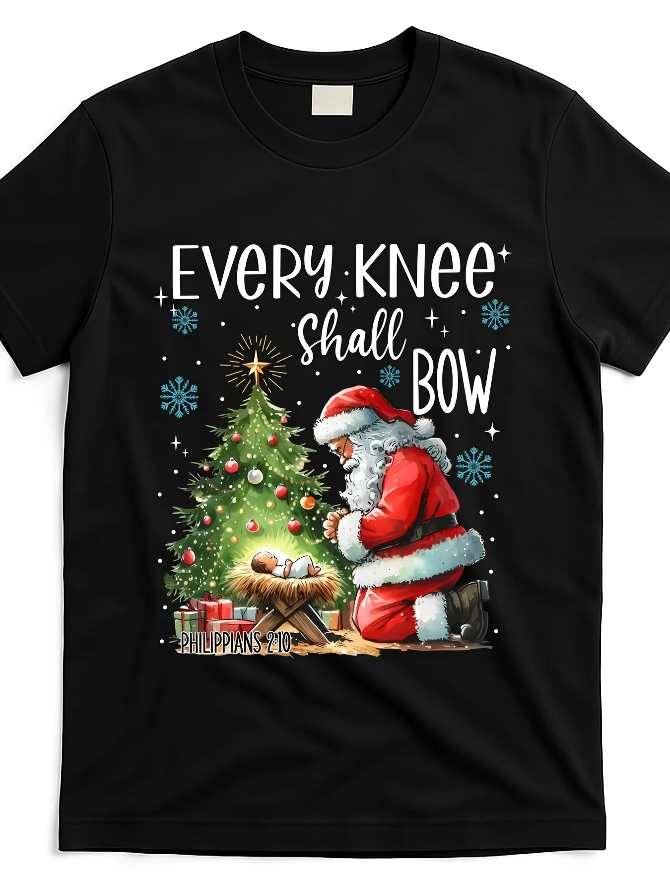 

Retro "Every Knee Shall Bow" Santa Nativity Tee, Men's SS, All-Season Casual Sportswear, Glossy Finish