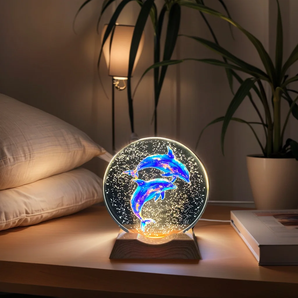 Love Dolphin Crystal LED Night Light Strip Base, Glass Decorative Lamp, Suitable for bedrooms, living rooms, birthday and Mother