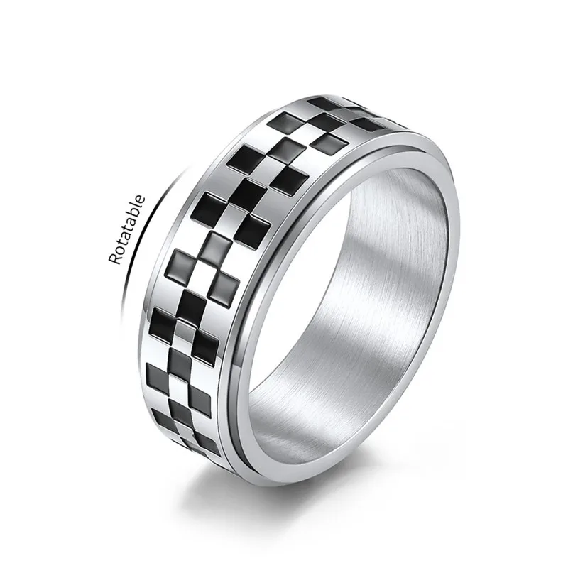 8mm Stainless Steel White/Black Checkered Pattern Spinner Ring for Men Women Size 6-12