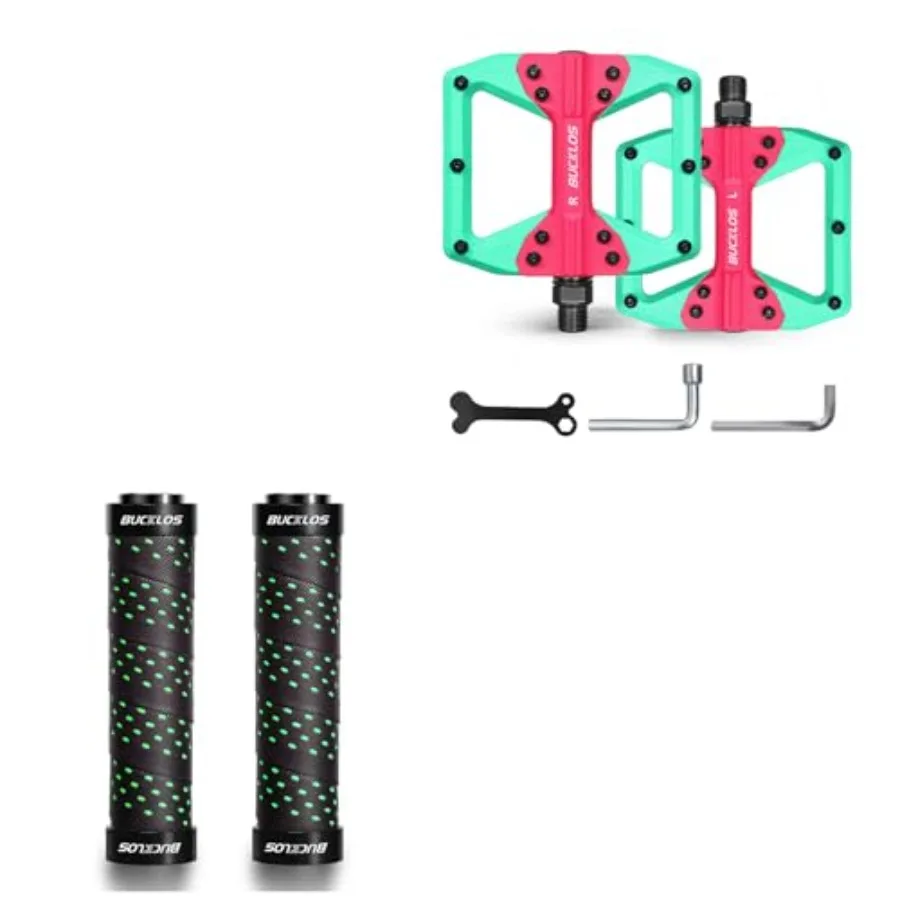

Bike Handlebar Grips Double Lock on Bicycle Handle Bar and MTB Flat Nylon Bicycle Pedal with Large Platform -Non-Slip Colorful