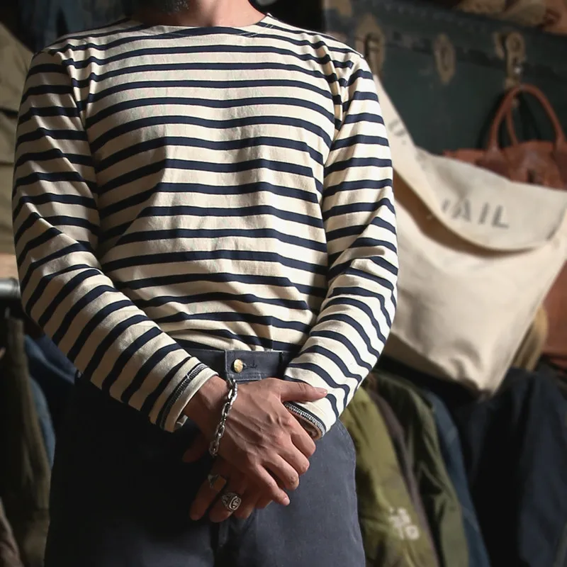 BRONSON Sailor-Style Crewneck T-Shirt Men's Vintage Striped Heavyweight Crewneck Long-Sleeve Base Layer