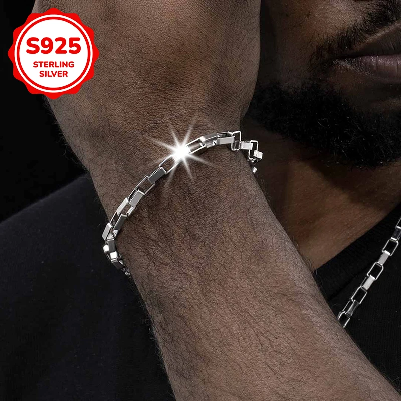 

925 sterling silver long box chain men's bracelet, hip-hop trend fashion jewelry gift, festival gift