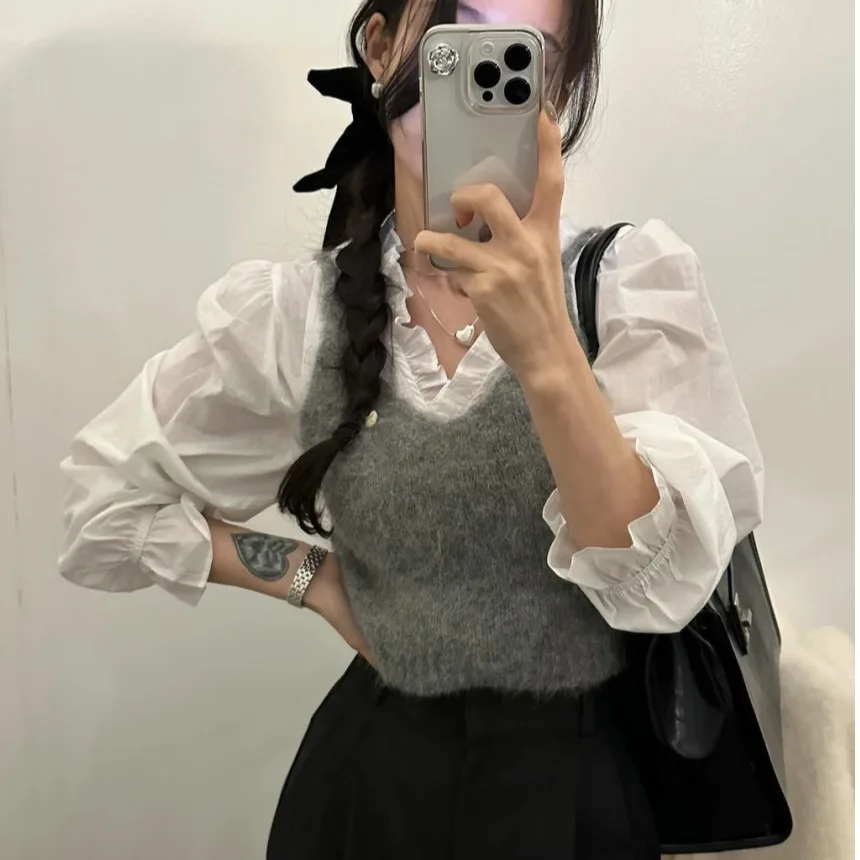 Wit Katoen Bubble Sve irt Dames Long Sve V-ne Geplooid Gored Yoke Lenteontwerp Faionable Casual Ademend