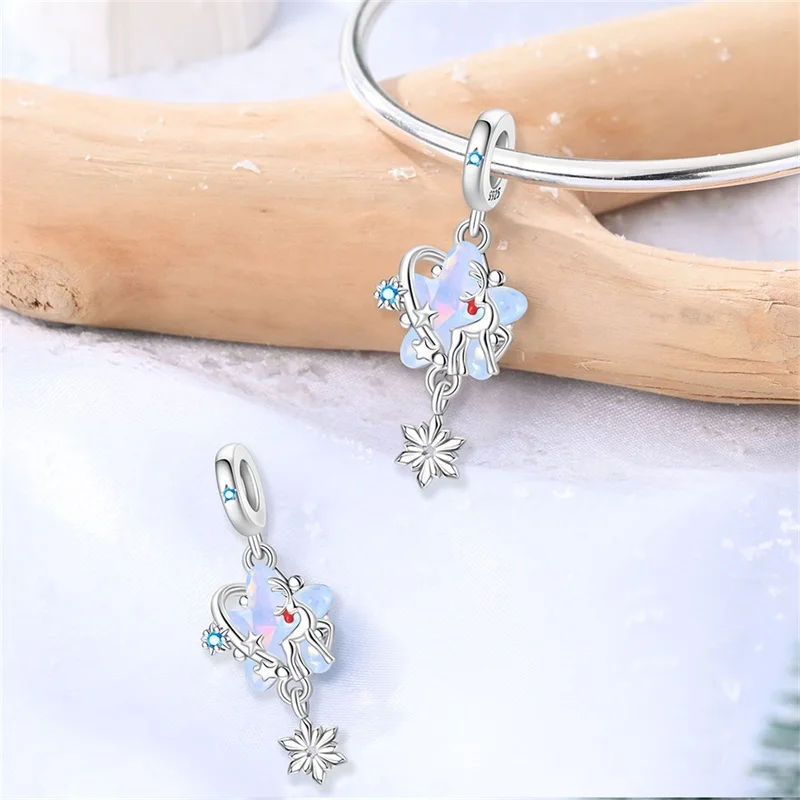 925 Sterling Silver Winter Collection Snowflake Christmas Tree Stars moon Pendant Beads Charm Bracelet for Women  Jewelry Making