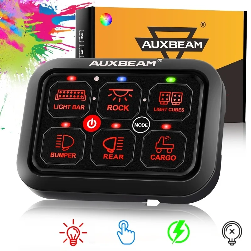 AUXBEAM 12V 24V Universal RGB 6 Gangs Switch Panel with Toggle Momentary Pulsed Mode Electronic Relay System Switches