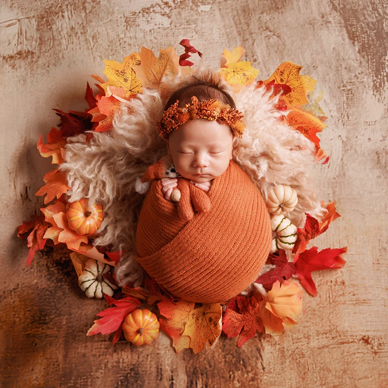 

KD Newborn Photography Props Autumn Fall leaves Theme Set Knitted Wrapping Hat Cute Bear Doll Pumpkin Baby Shoot Accessories