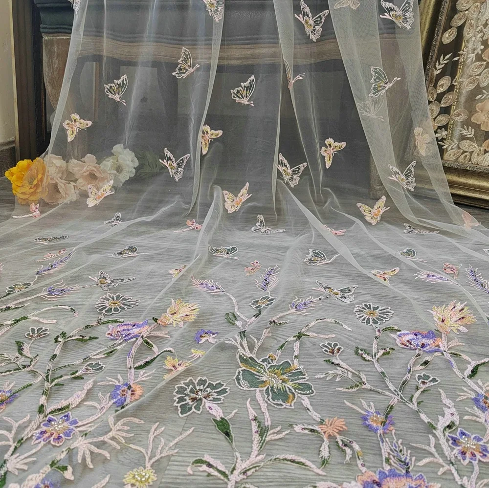 

Colorful floral butterfly sequin 3D embroidered mesh fabric for wedding dresses clothing home decor DIY sewing fabric
