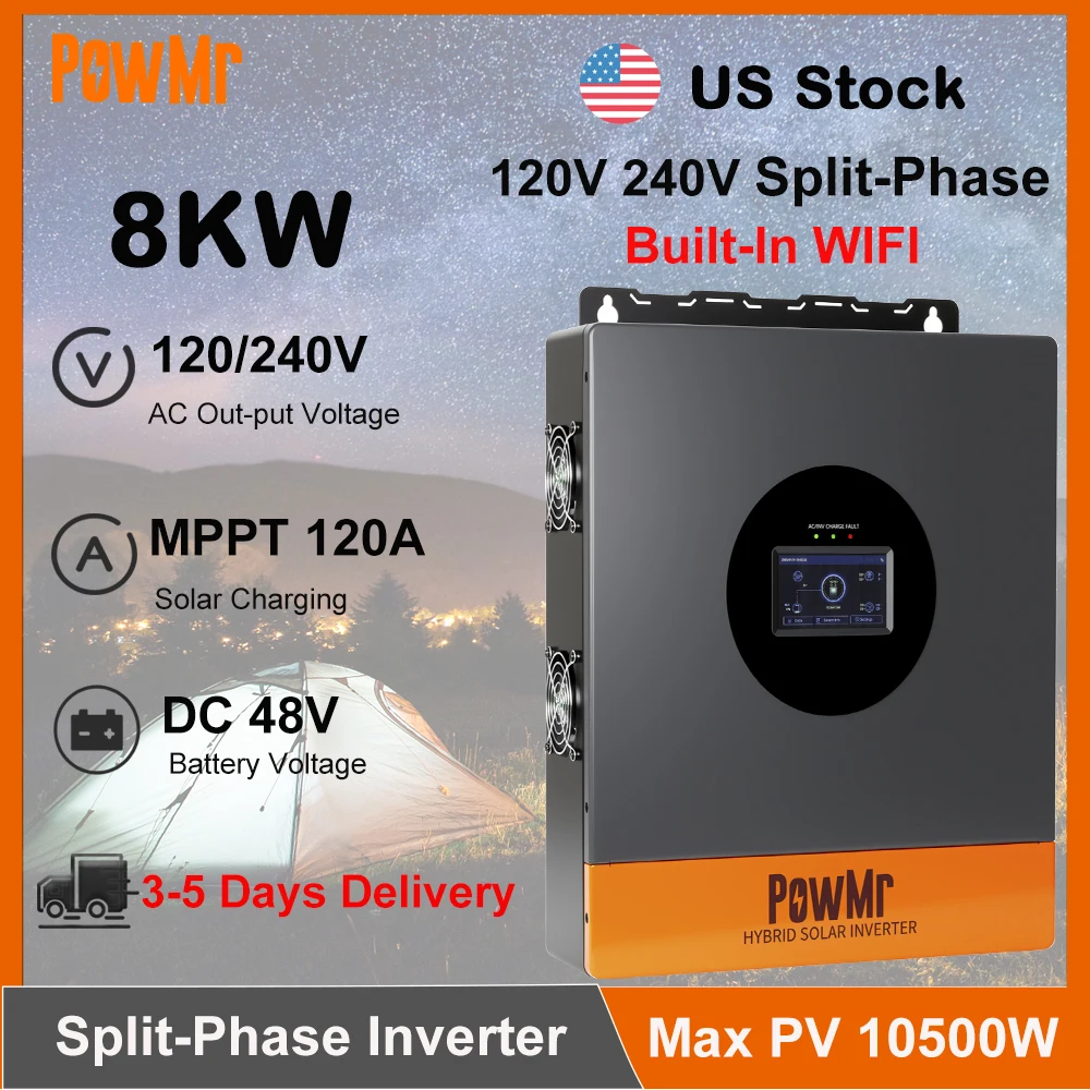 US Stock 8KW Split-Phase Solar Inverter DC 48V to 120V 240V AC MPPT Solar Charger Pure Sine Wave Off-Grid Home Inversor Fit Lithium Batteria