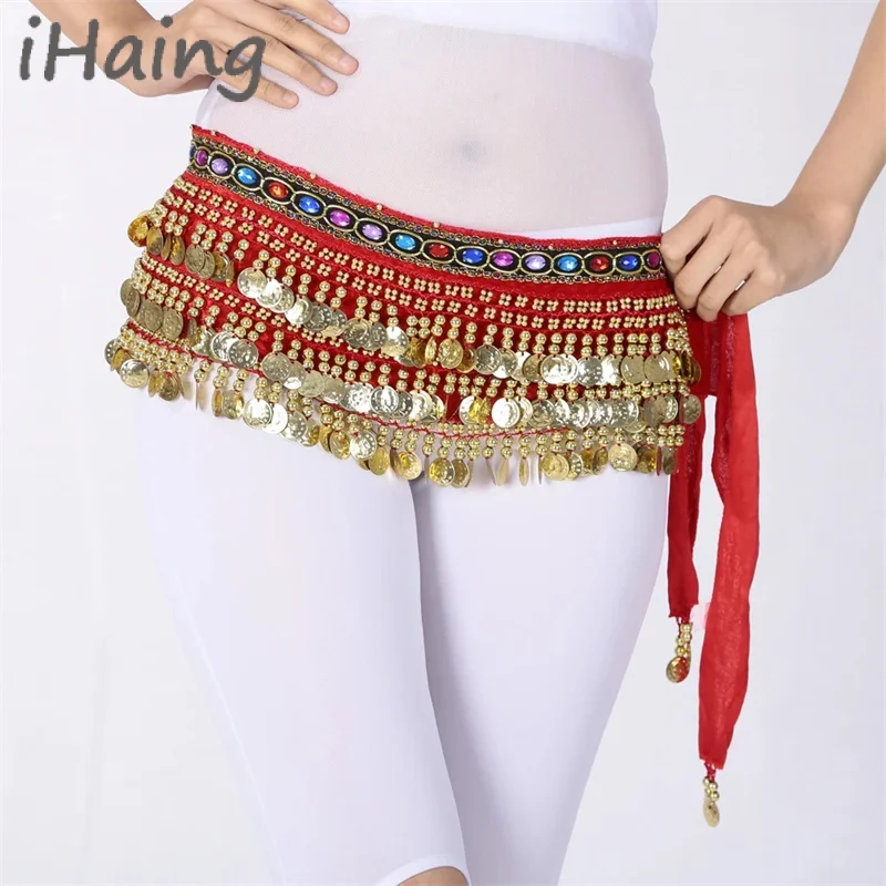 Women Sparkly Beaded Coins Belly Dance Hip Scarf Long Lesson Wear Skirt Waist Belt Wrap Rave Outfit Stage Costume Clothes Suit