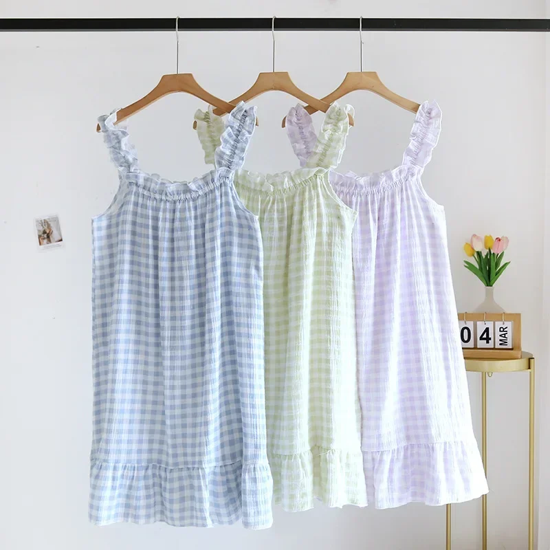 Ladies Summer Cotton Yarn Pure Cotton Thin Suspender Nightdress Loose Mid-length Sweet and Lovely Long Home Dress Camisola Sexy