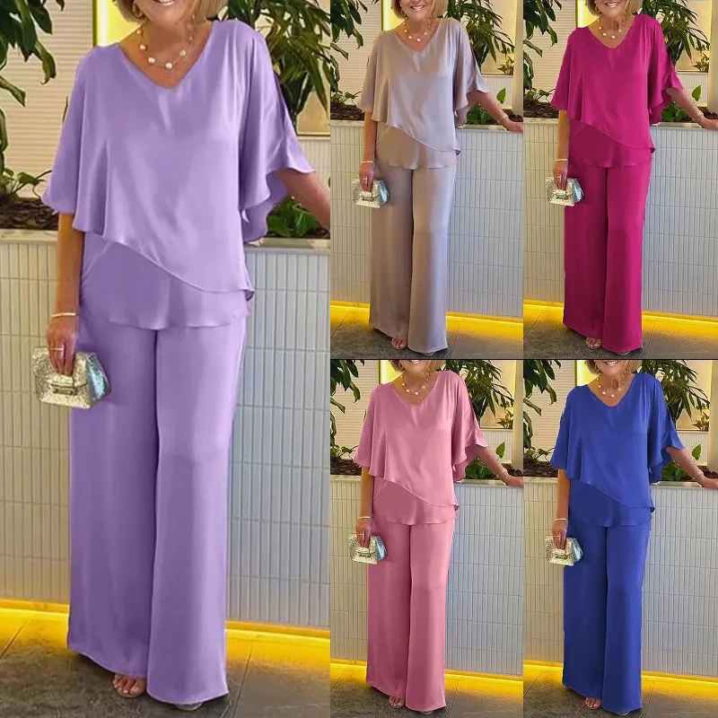 2025 Summer New Fashion Casual Irregular Suit Solid Color  T Shirt Loose Wide Legs Trousers Two Piece Set Pants Sets Bat Sleeve