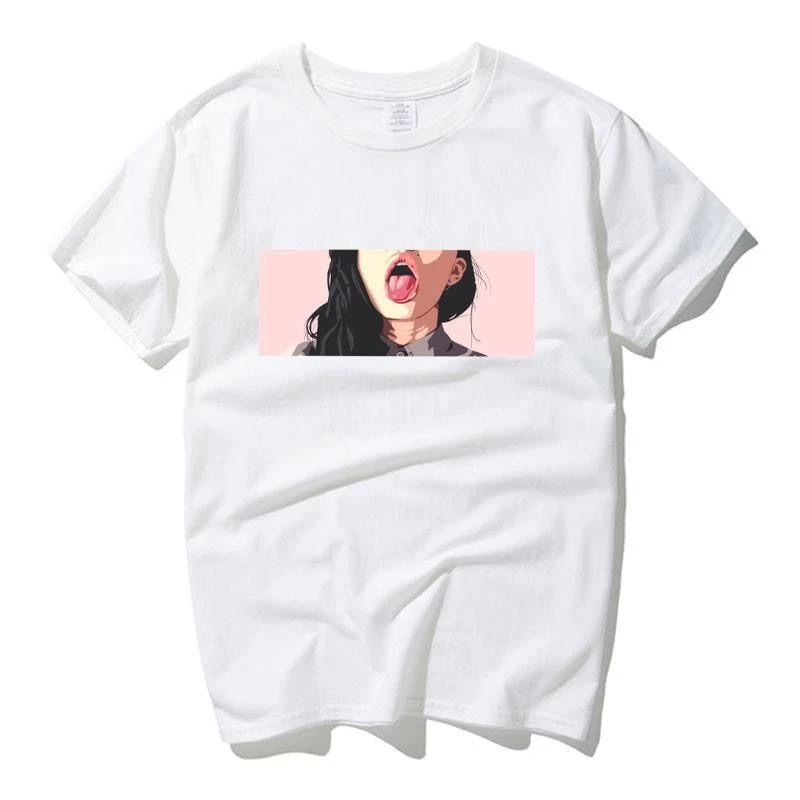 Pop Art Anime Girl Tongue Out Graphic T Shirt Pink Background Aesthetic Tee Unisex Casual Cotton Streetwear Short Sleeve Tops