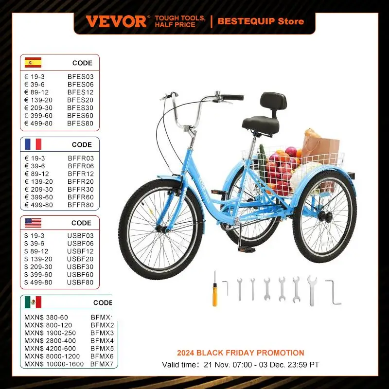 VEVOR 24/26 Inch Adult Tricycles Bike 3 Wheel Bikes Trikes, Carbon Steel Cruiser Bike with Basket for Picnic Shopping