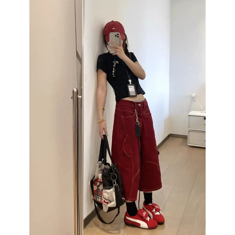 カジュアル レディース パンツ 外出用 デニム ショートパンツ アメリカン ヴィンテージ レッドステッチ ワイドレッグ 夏 ハイウエスト リラックス カーゴ クロップド