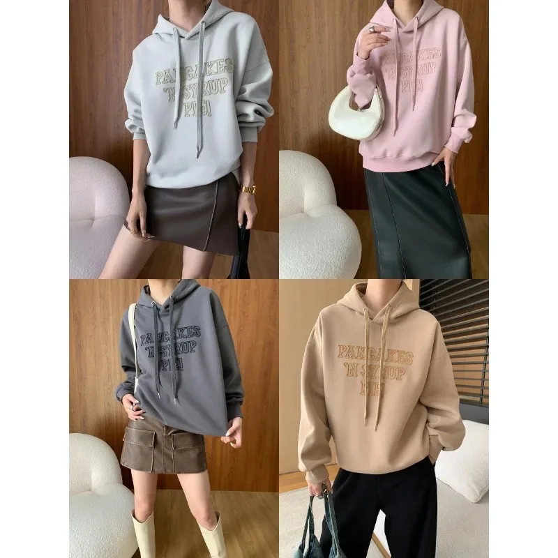 

Blogger's Private Server Design Feeling Letter Hot Diamond Loose Hooded Sweatshirt 2024 Early Autumn New Item