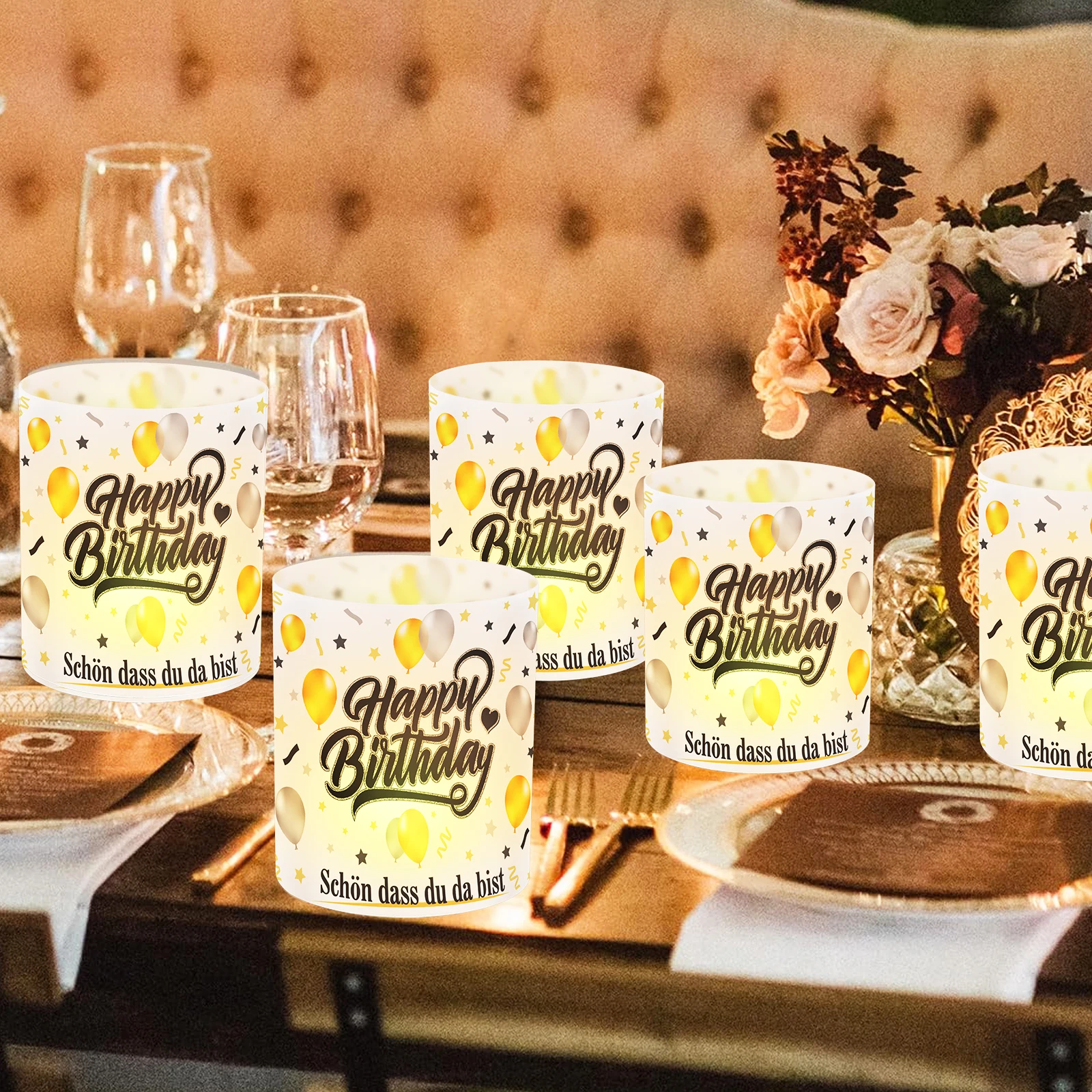 8 pcs. Black Gold Birthday Table Lamp Shades - Battery-Free Decorative Plastic Covers with Balloons