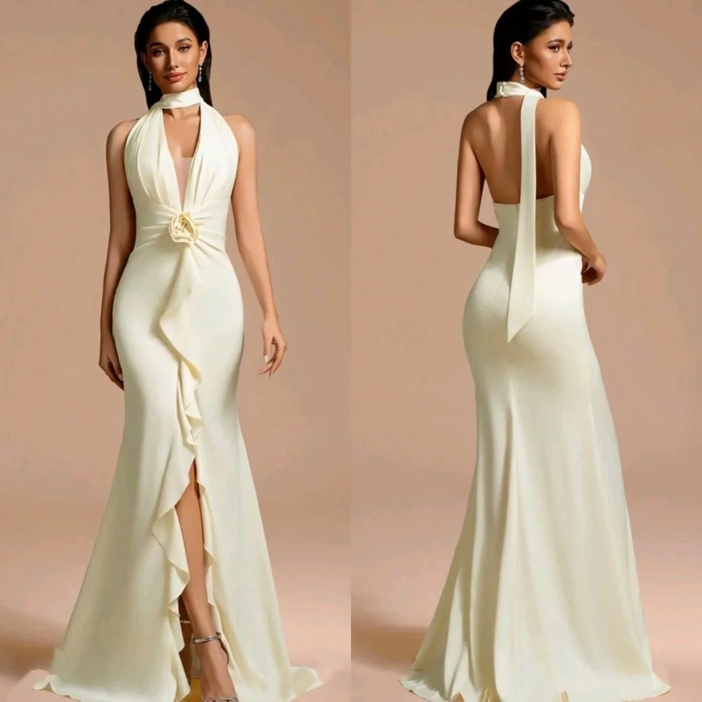 

Customized High Quality Chiffon Flower Pleat Trumpet Halter Long Dresses Bespoke Occasion Fashion Classic