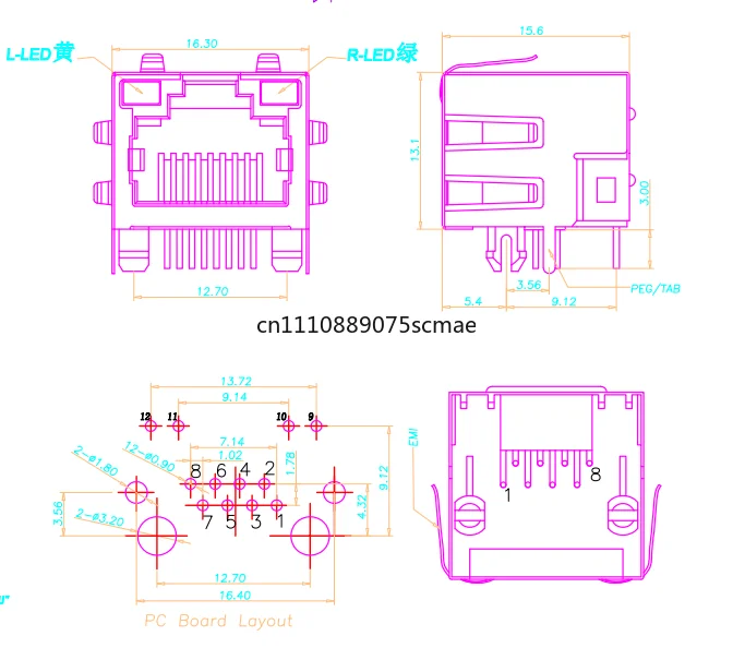 RJ45 socket, with light with shrapnel, network socket 56 + LED with shrapnel, network socket