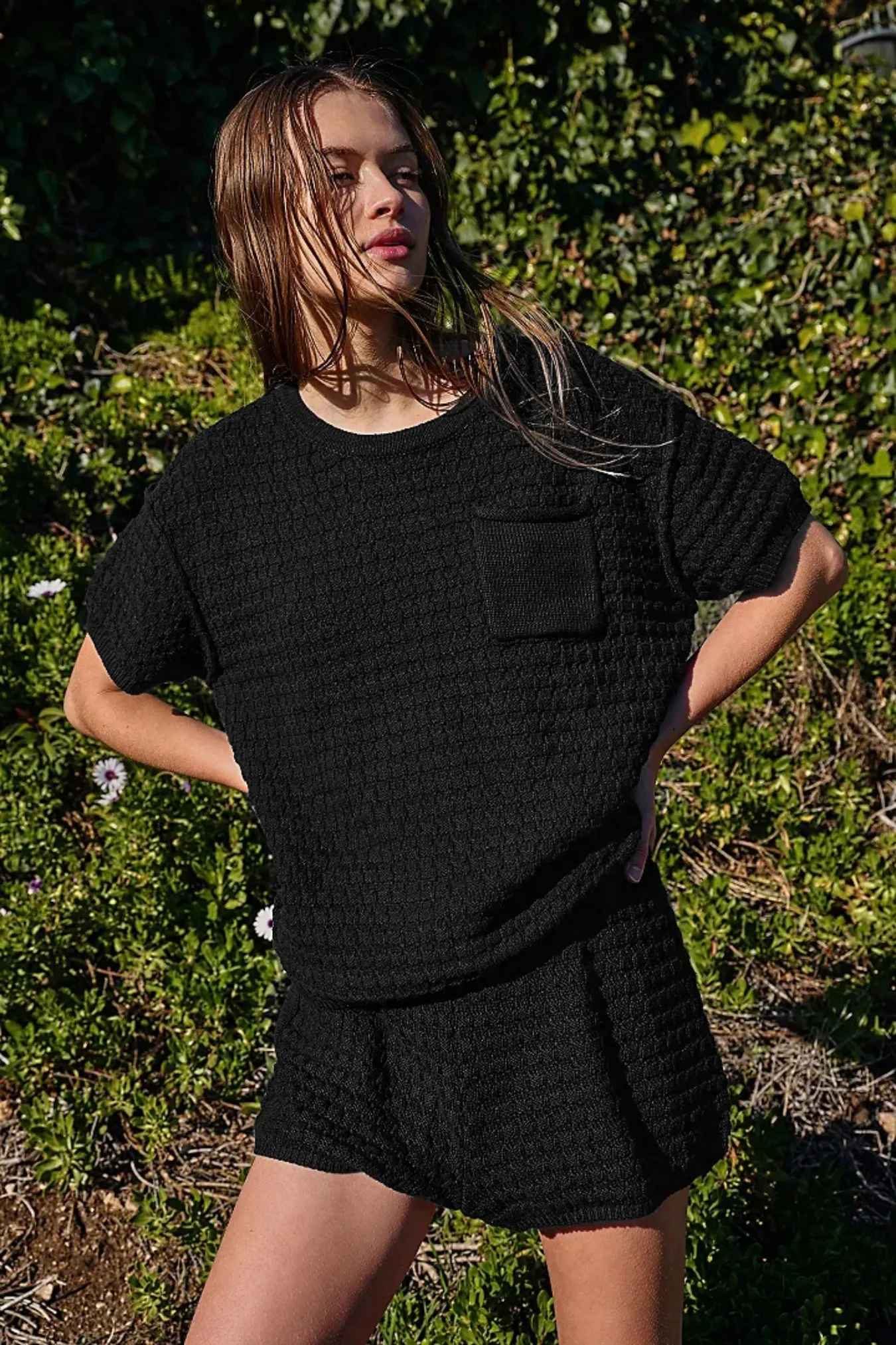 

Women's Black Oversized Waffle Knit Two-Piece Set Short Sleeve Top And Shorts Loungewear Comfortable Sleepwear