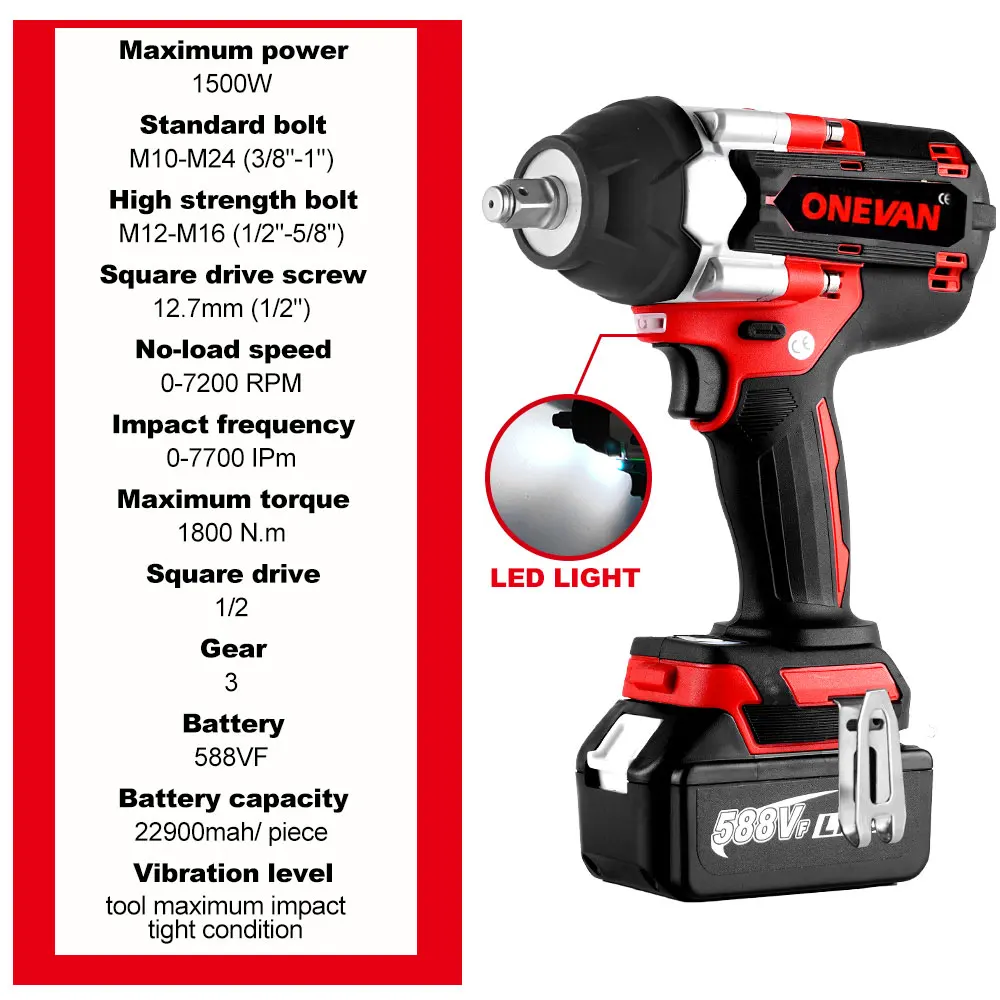 1800N.M 1500W Torque Brushless Electric Impact Wrench 3 Gear Adjustment For Trucks 1/2 inch For Makita 18V Battery