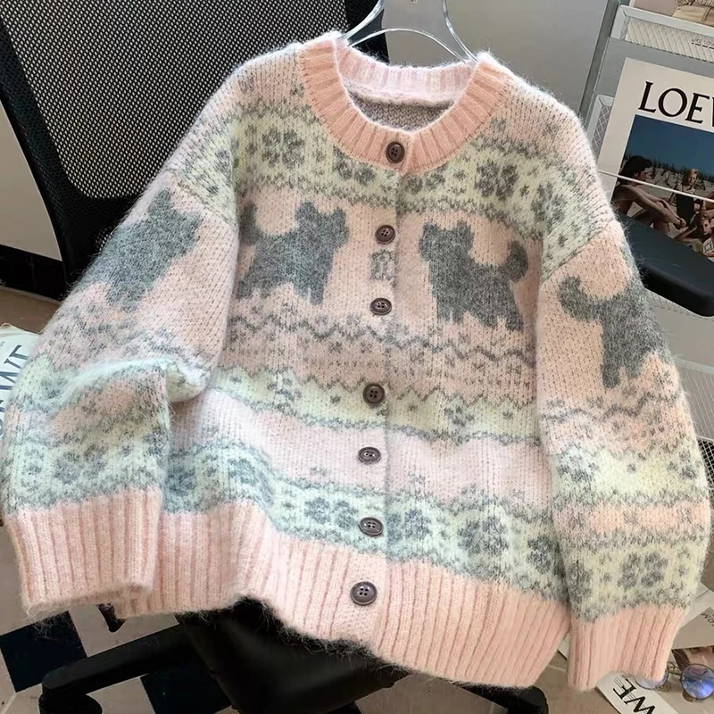 MEXZT Kawaii Roze Gebreid Vest Vrouwen Harajuku Cartoon Print Trui Outerwears Koreaanse Knitwears Winter Mode Leuke Jumpers