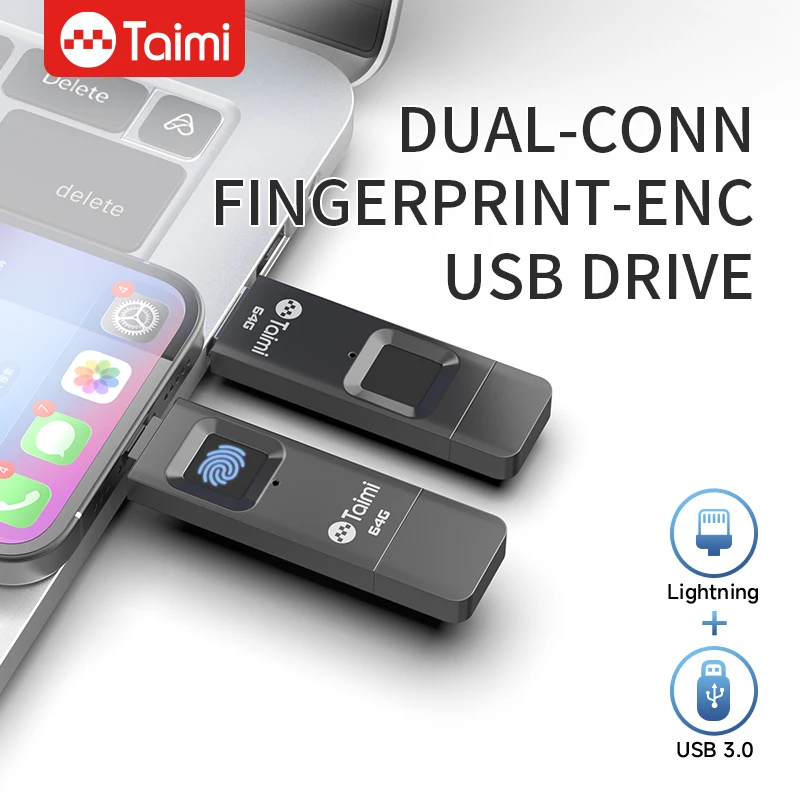 

Taimi Fingerprint Encryption USB Flash Drive with Dual Interfaces USB3.0 And Lightning for Data Security