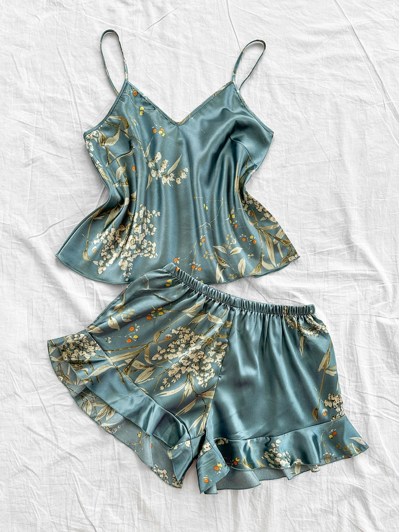 Damen Ärmellose Pyjamas V-Ausschnitt Camisole Shorts Sexy Schlafanzug Set Kirschdruck Loungewear 2-teilige Nachtwäsche für Frauen – Detail 8
