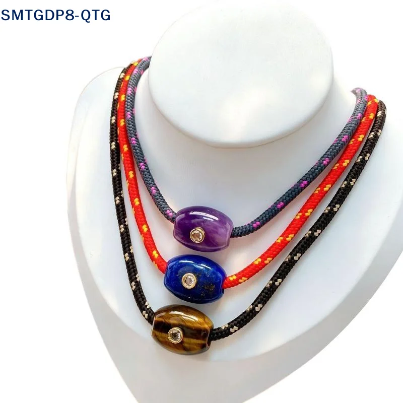 NEW Natural Stone Large Aperture Bucket Bead Woven Rope Necklace DIY Stone Woven Rope Simple And Fashionable Necklace
