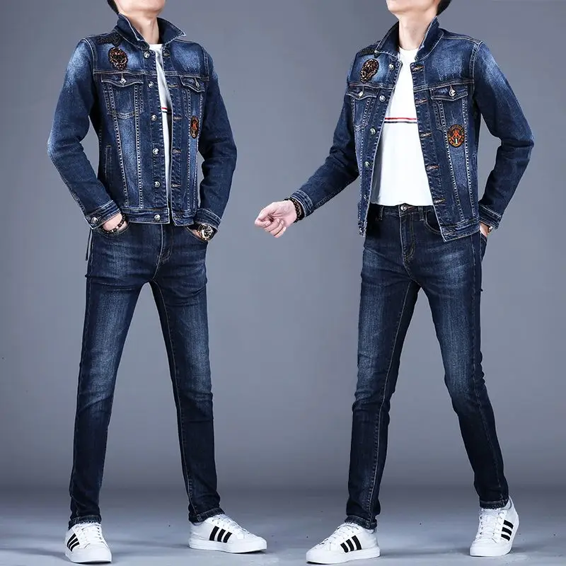 2023 Paired with denim jacket set, men\'s luxury fashion casual top and pants two-piece set, slim fit and elastic