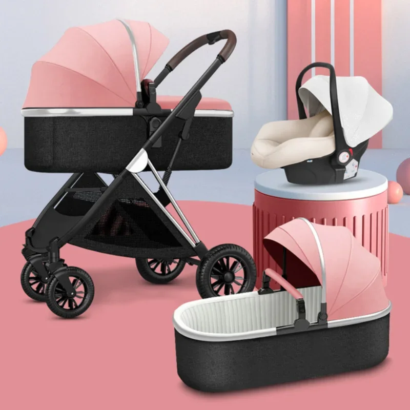 BETSOCCI Baby Stroller 2 in 1/ 3 in 1 Portable Travel Baby Carriage Folding Prams High Landscape Car for Newborn