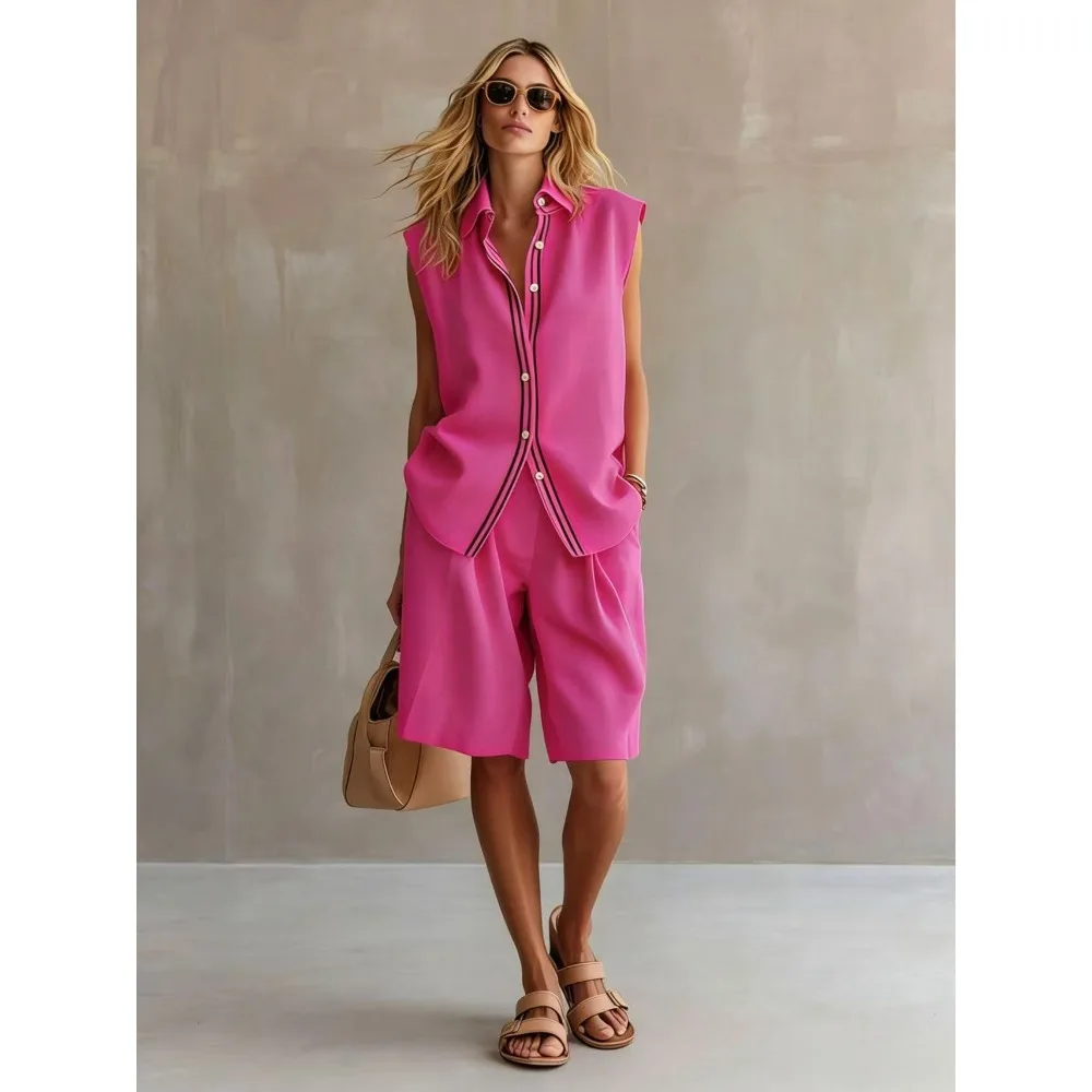 Sleeveless Button Down Collared Striped Linen Top Bermuda Shorts 2 Piece Set Loose Lightweight Suit Streetwear Weekend Shopping