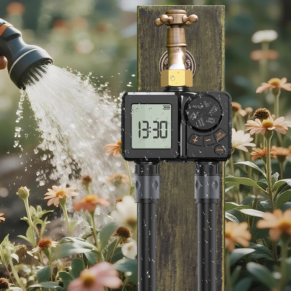 2-Outlet Irrigation System LCD Screen Timed Water Valve Irrigation Timing Controller Programmable Rain Delay for Outdoor Garden