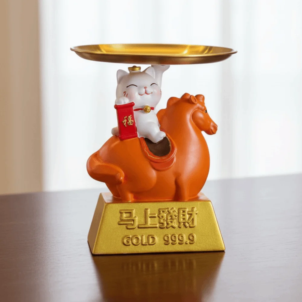 トレイ付き馬年マスコットオーナメント招き猫装飾干支馬フィギュア漫画かわいい馬フィギュアオーナメント