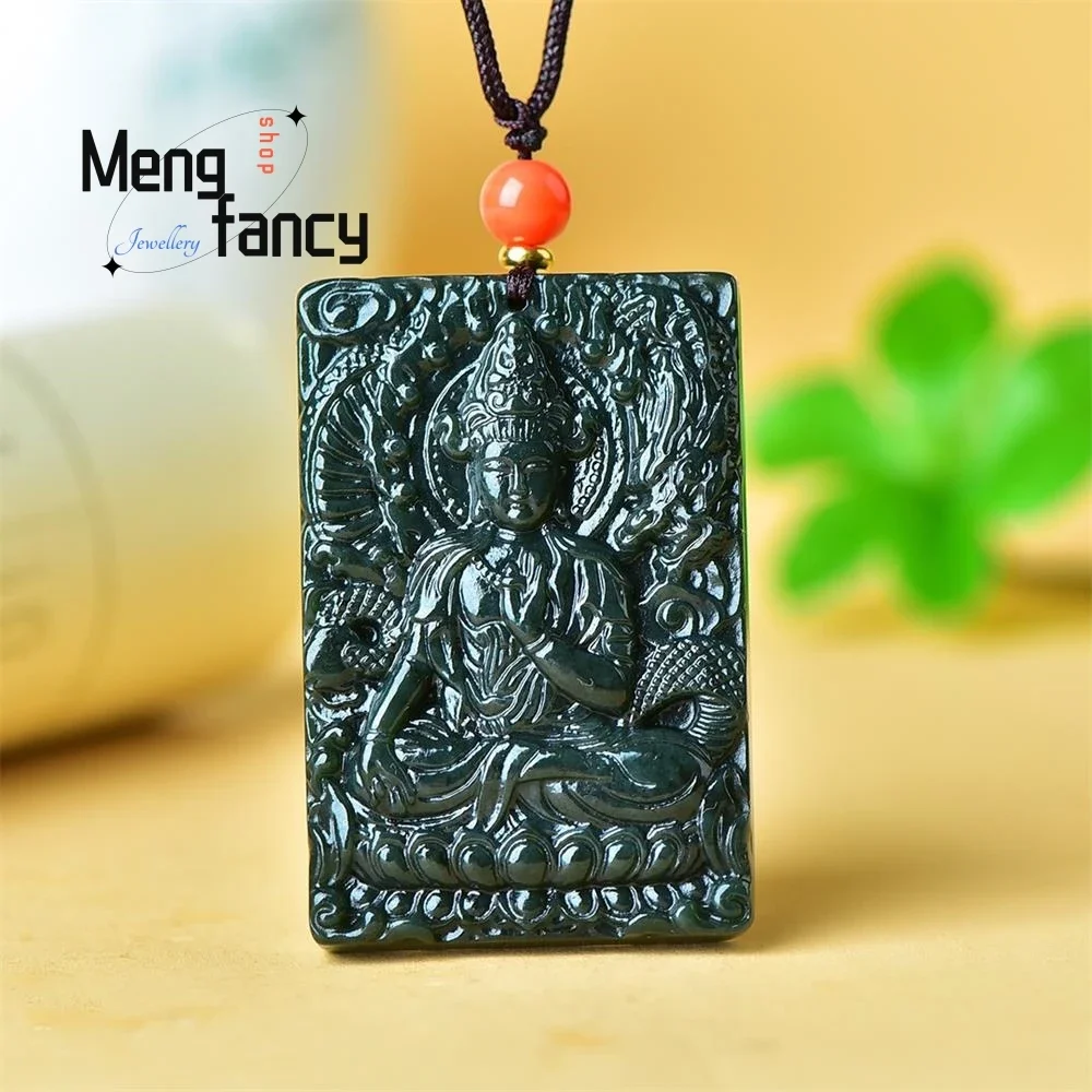 

Natural Fine Hetian Green Jade Guanyin Pendant Simple Retro High-grade Buddhist Amulet Handicraft Fashion Jewelry Holiday Gift