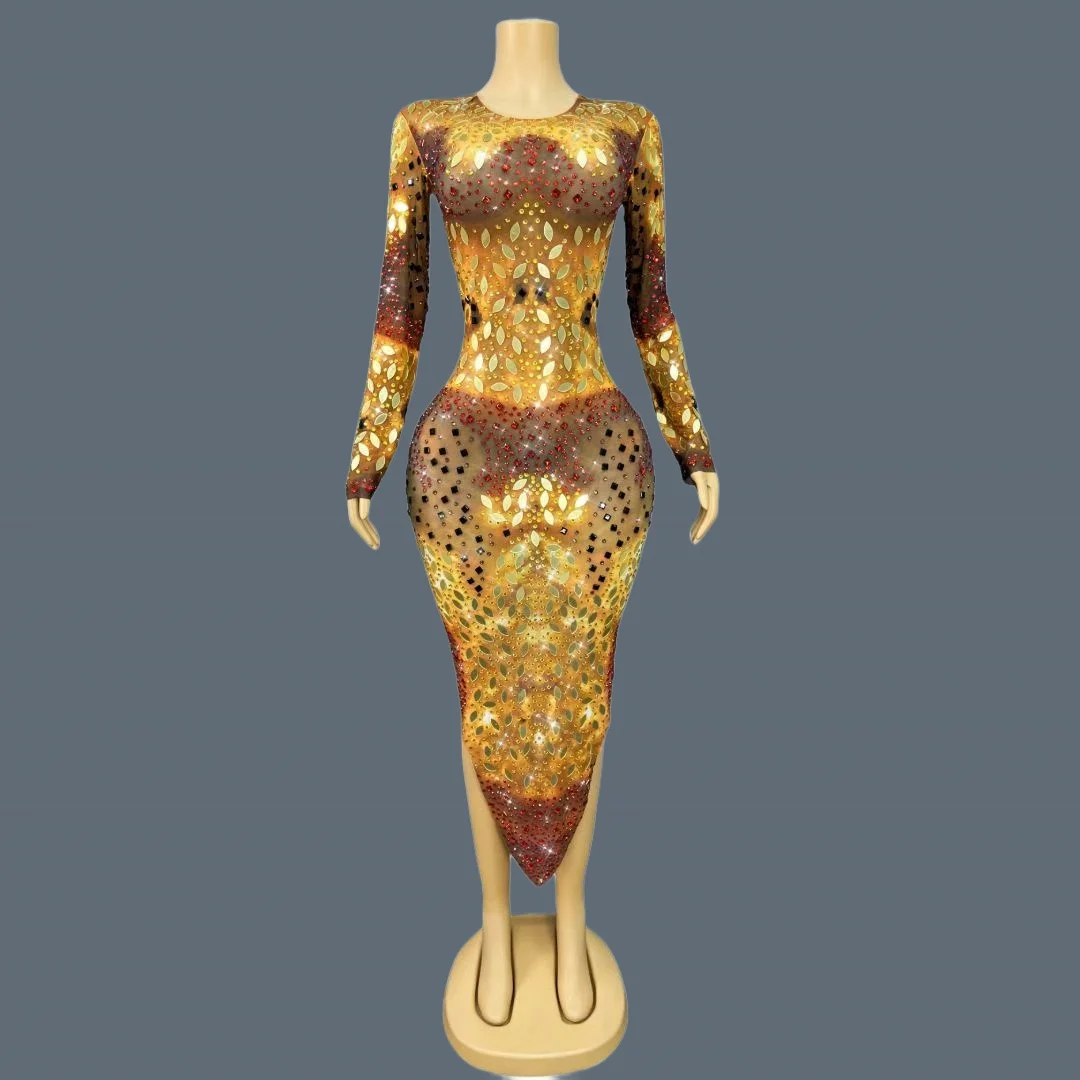 

Fashion Golden Sequins Long Sleeves Asymmetrical Long Dress Event Stage Dance Show Wear Spandex Rhinestone Evening Dress Jinwu