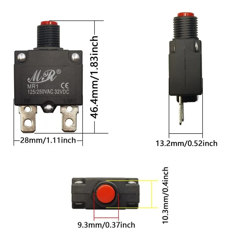 MR1 20A Overload Protector Red Button CE CQC 32VDC 125V 250V Overcurrent Circuit Breaker In Stock