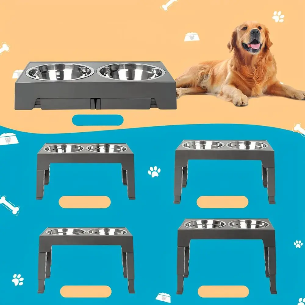 Adjustable Height Pet Feeding Table With Double Stainless Steel Bowls Raised Feeder For Healthy Dog And Cat Posture